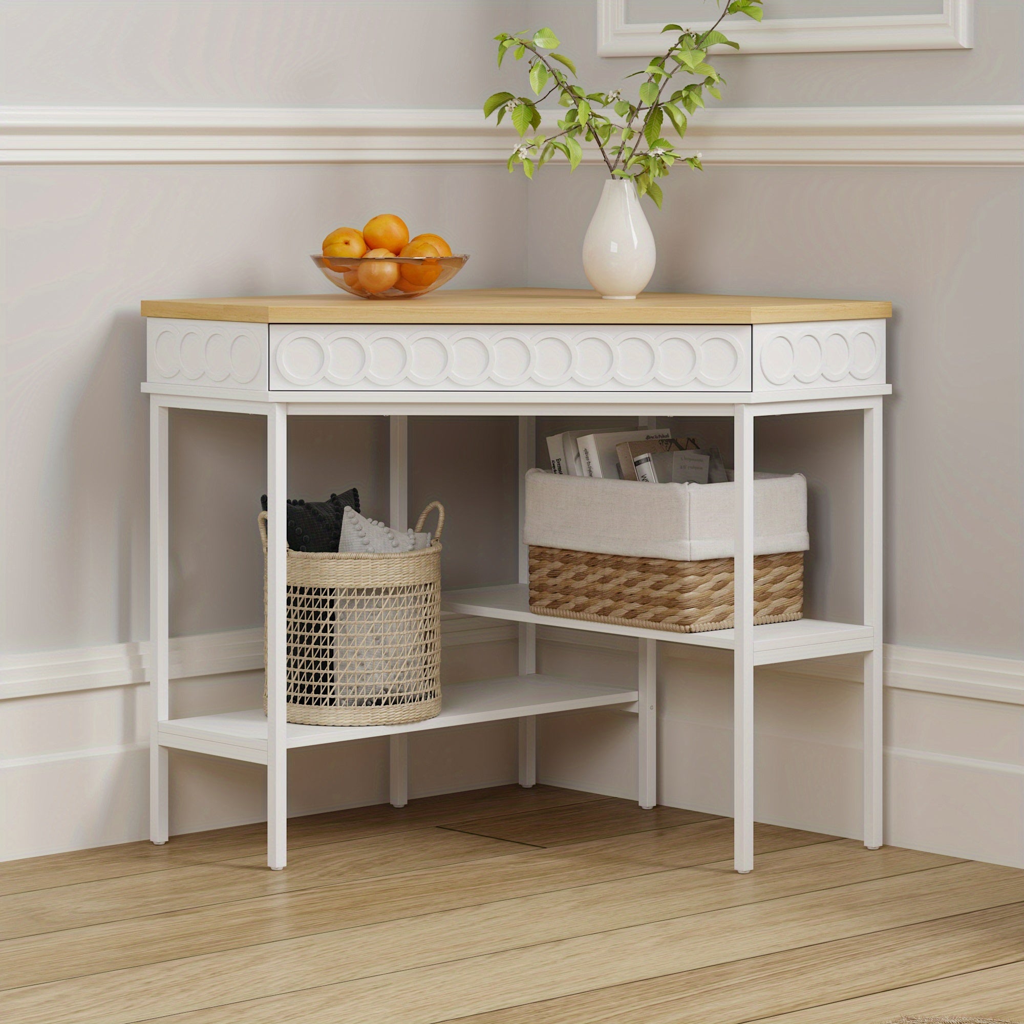 Modern White & Oak Corner Coffee Table with Rotary Board & Open Shelves - Space-Saving L-Shook Design, Spacious Countertop, Multifunctional Furniture for Living Room, Home Office - Easy Assembly, Sturdy Legs (Table can convert to desk)